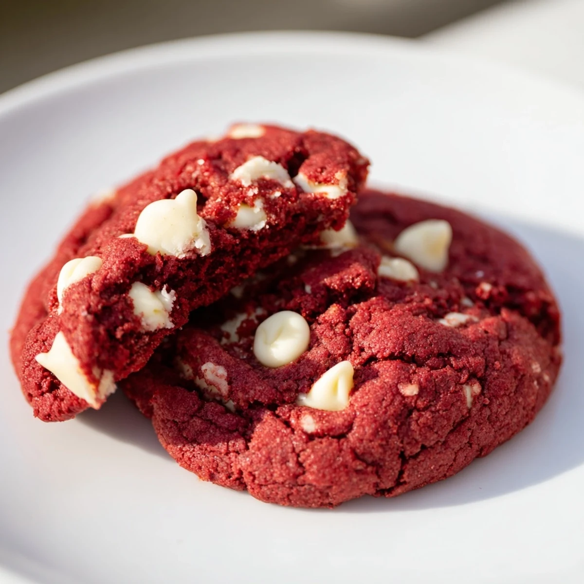 Chewy Red Velvet Cookies with White Chocolate Chips stacked high on a wire cooling rack. Rich red crumb and melted white chocolate chunks. Perfect for holiday parties or cookie swaps. Easy to make at home. Delicious classic American dessert.