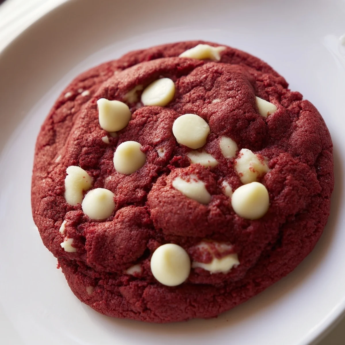Two soft Red Velvet Cookies with White Chocolate Chips stacked on white plate. Melted white chocolate chunks peeking from vibrant red cookie edges. Perfect for a sweet snack or party platter. Easy homemade American dessert. Rich cocoa flavor with tangy cream cheese tang.