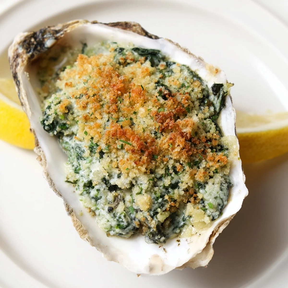 Golden, bubbling Romantic Oysters Rockefeller with spinach and Pernod, served in shells on a tray.