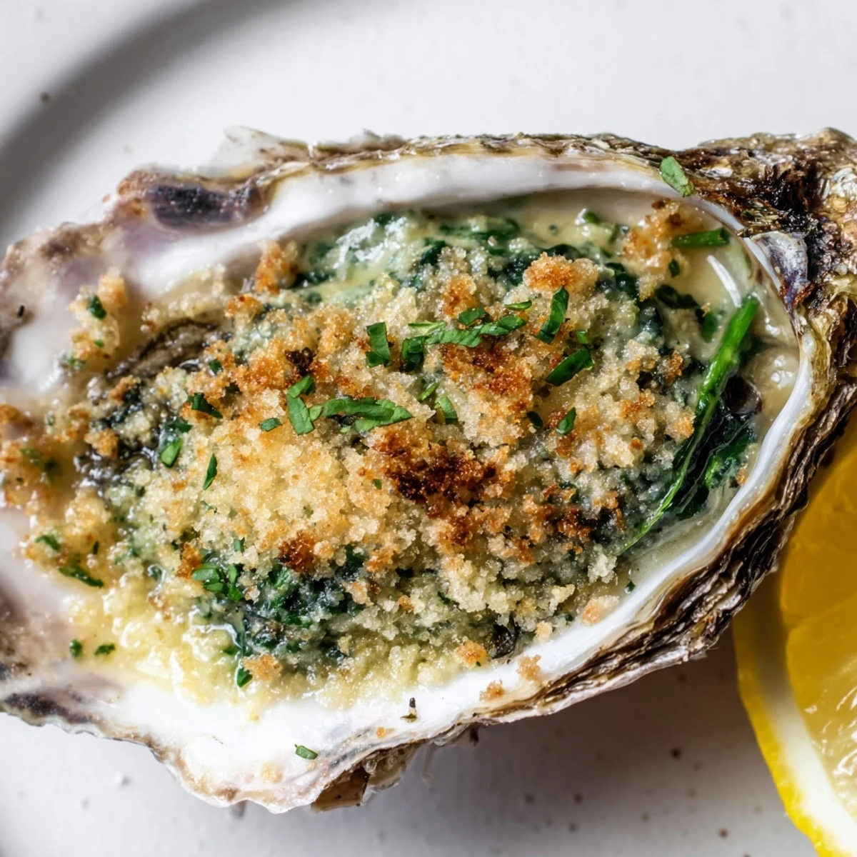 Sizzling Romantic Oysters Rockefeller with spinach, Parmesan, and buttery breadcrumbs, garnished with lemon wedges for serving.