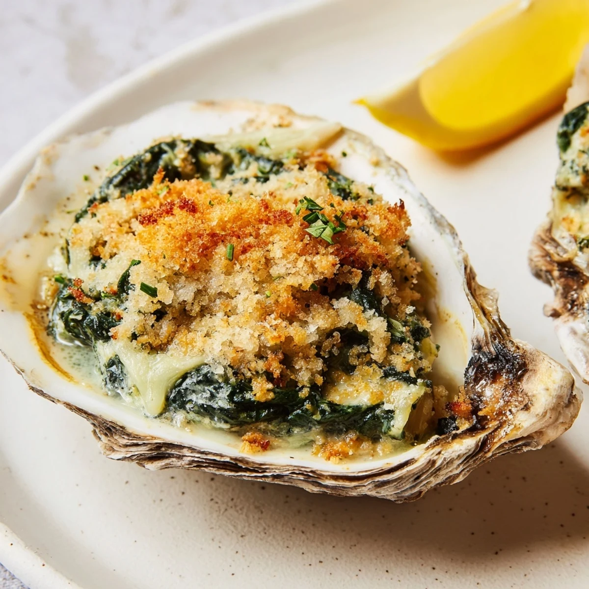 Twelve freshly shucked Romantic Oysters Rockefeller with creamy spinach and herb topping on rock salt.