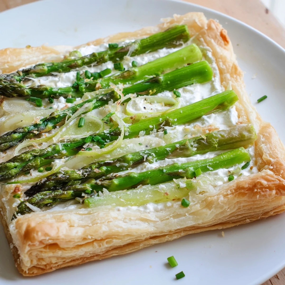A close-up of the Green Asparagus Tart with Puff Pastry, showing golden, flaky crust and tender green spears.