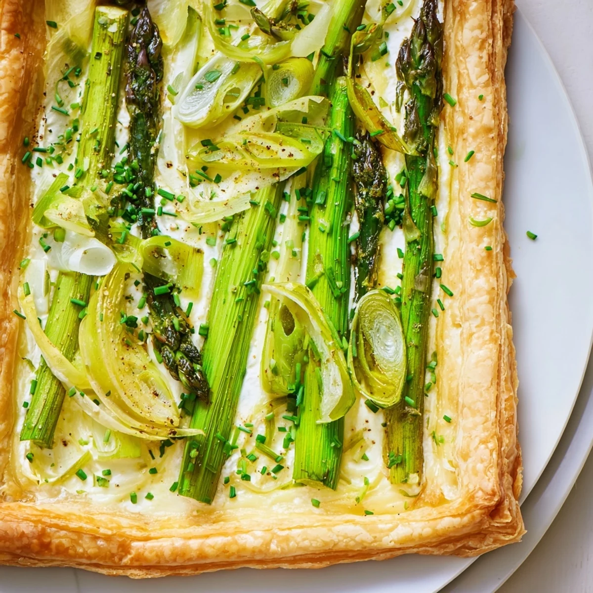 Sliced wedges of the Green Asparagus Tart with Puff Pastry reveal a creamy, cheesy filling alongside crisp asparagus tips.