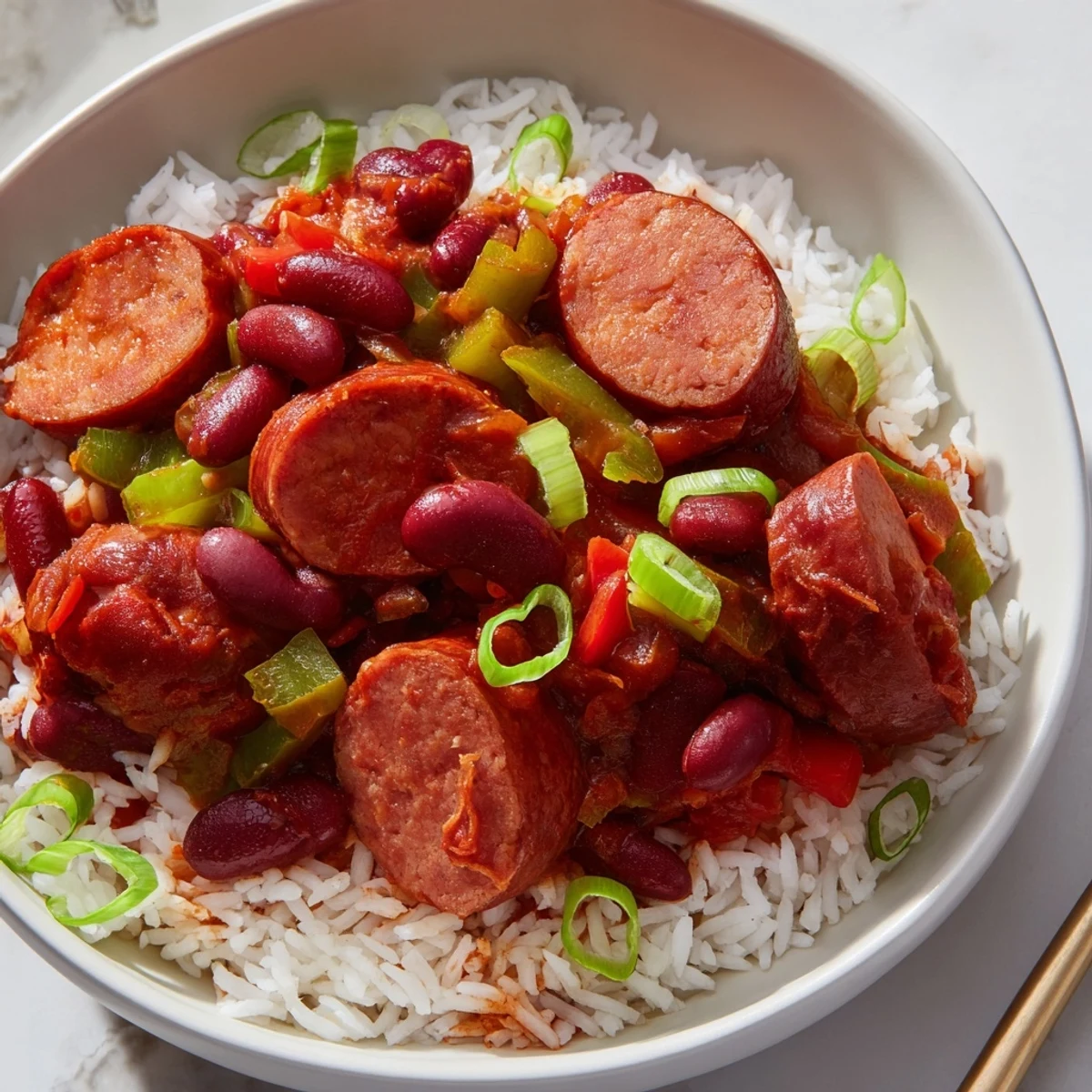 Festive Mardi Gras Rice and Beans with Halal Sausage steaming in a skillet, garnished with fresh green onions and a bay leaf.
