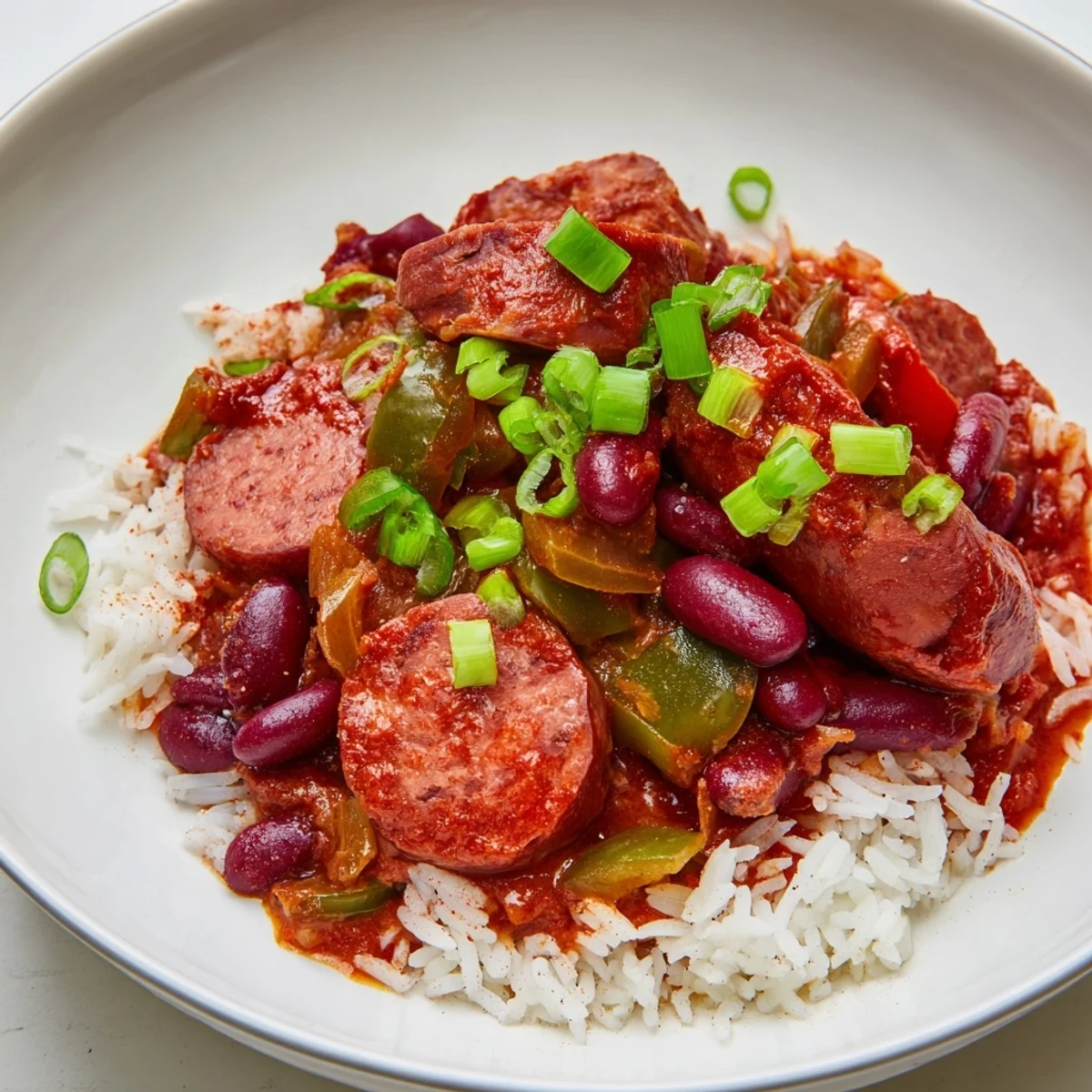 Sizzling Halal Sausage in Mardi Gras Rice and Beans, featuring tender red beans and a rich, spicy Creole sauce.