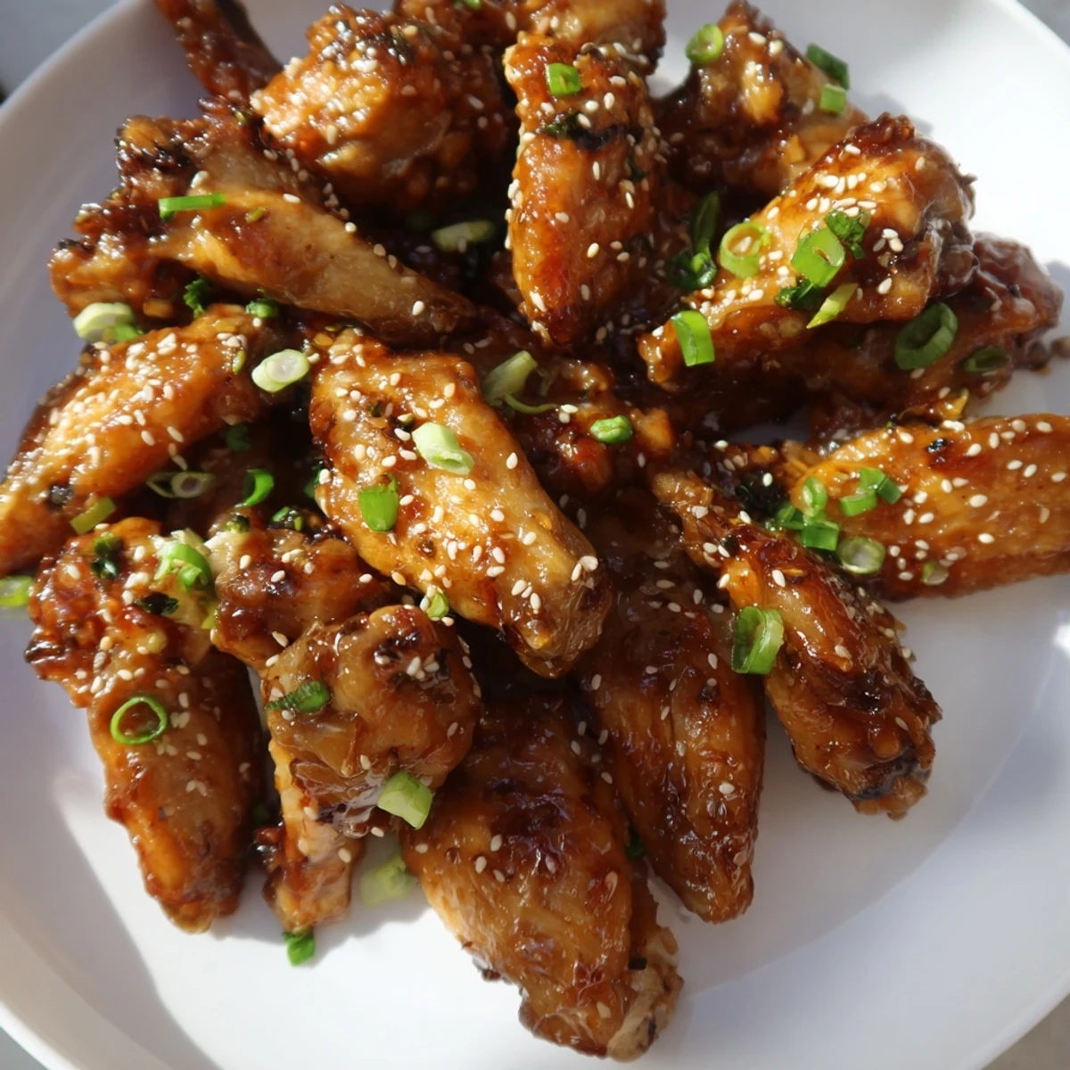 Big Game Sticky Honey Garlic Chicken Wings piled high on a platter, glistening with a thick glaze and topped with fresh scallions and sesame seeds.