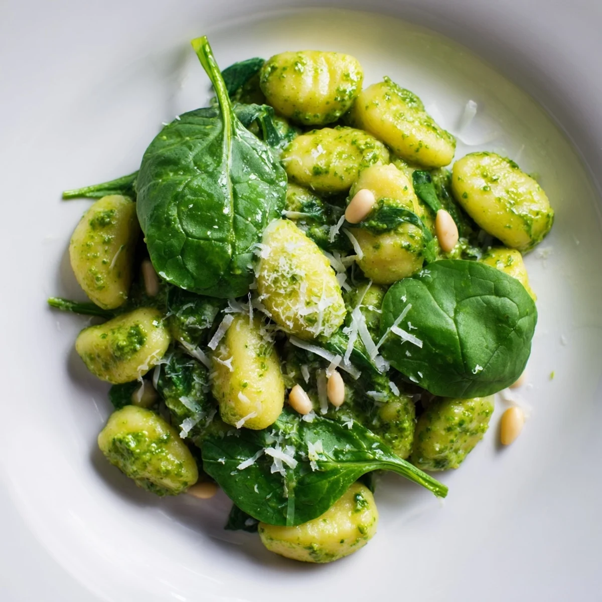 Freshly boiled potato gnocchi coated in vibrant homemade basil pesto and tender sautéed spinach, served hot.