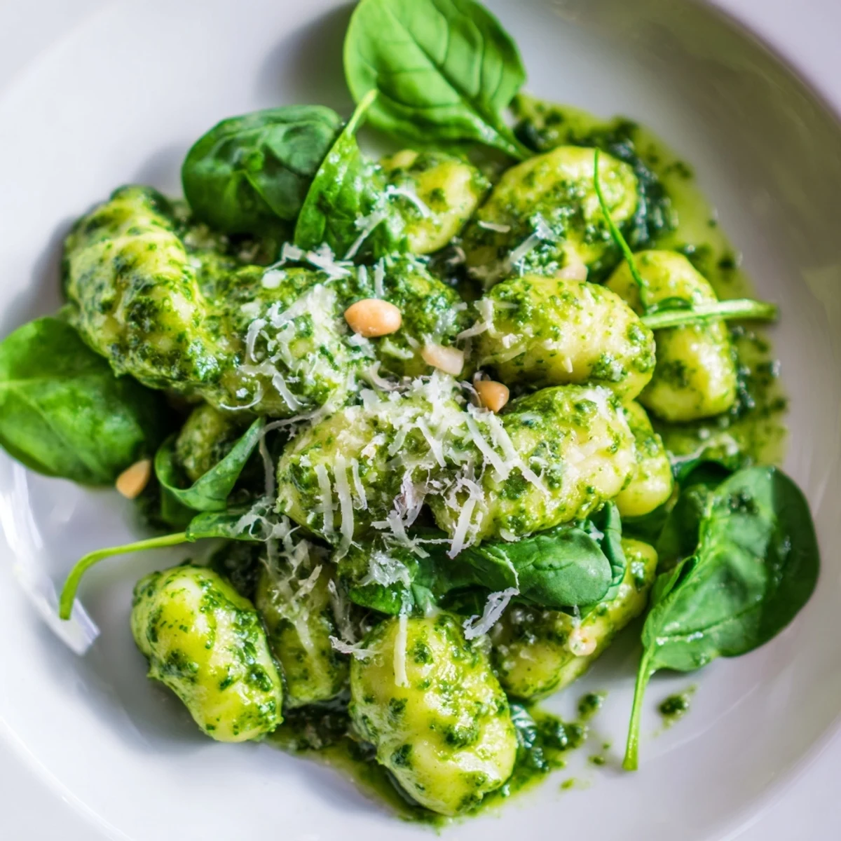 Green Pesto Gnocchi with Spinach plated next to a glass of Pinot Grigio, perfect for weeknight dinners.