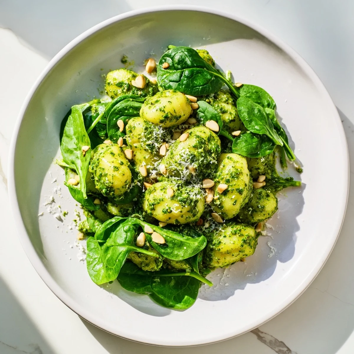 A skillet of warm Green Pesto Gnocchi with Spinach, topped with grated Parmesan and a squeeze of lemon.