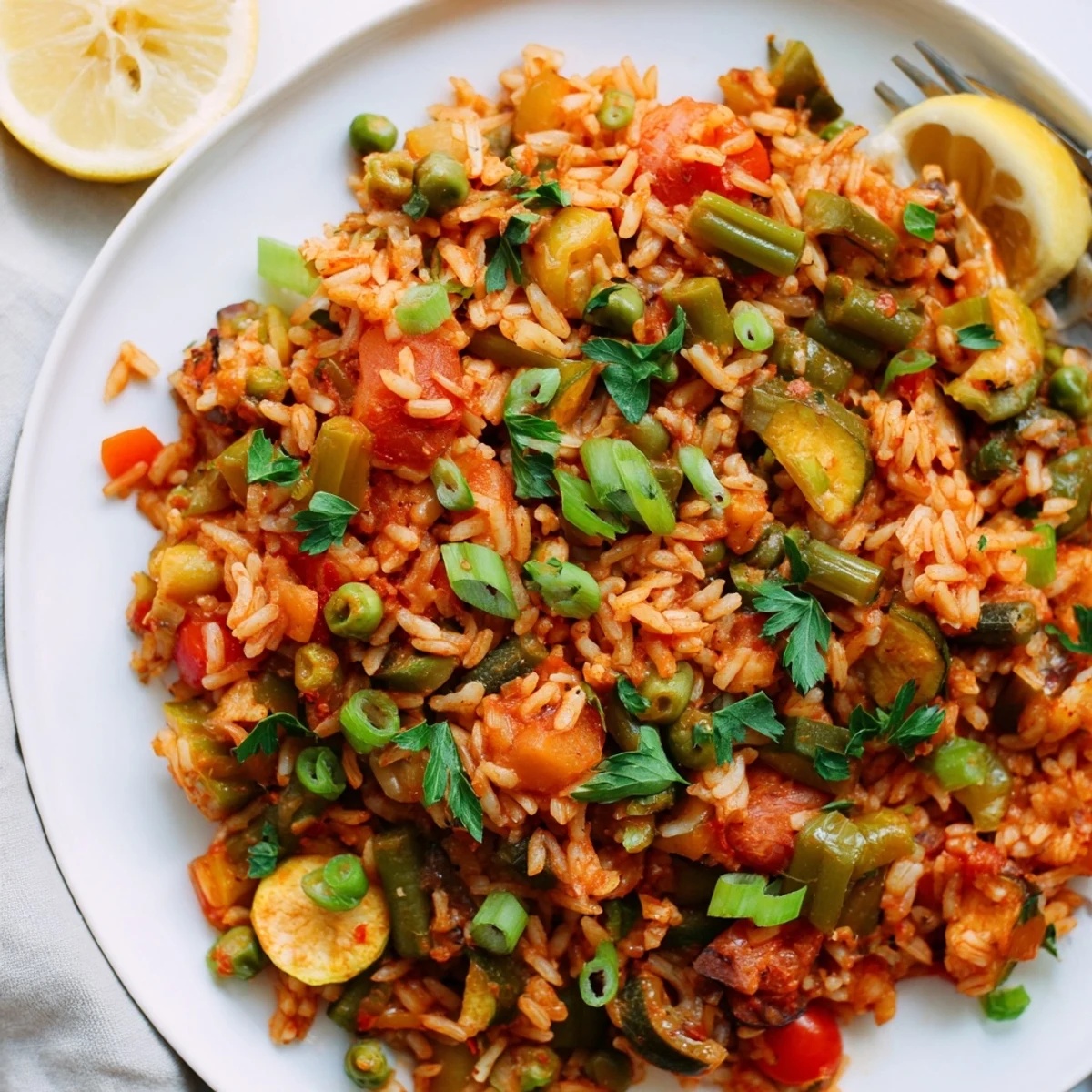 Steaming bowl of vibrant Mardi Gras Vegetable Jambalaya, featuring fluffy rice, red bell peppers, and fresh parsley garnish.