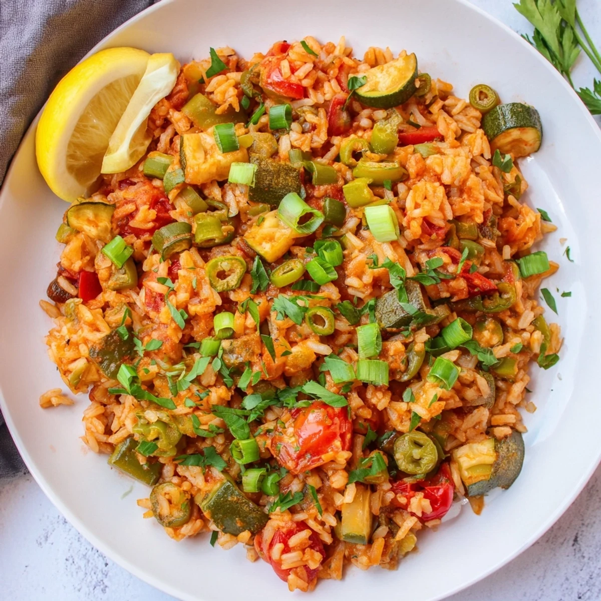 Close-up shot of Mardi Gras Vegetable Jambalaya showcasing colorful diced tomatoes, celery, and zucchini in a savory broth.