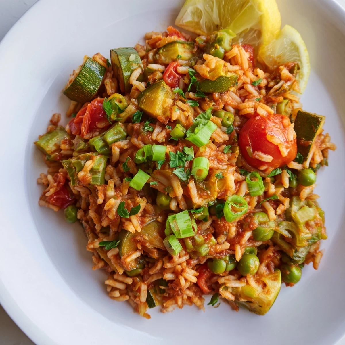 Serving suggestion for Mardi Gras Vegetable Jambalaya plated with lemon wedges and a sprinkle of green onions.