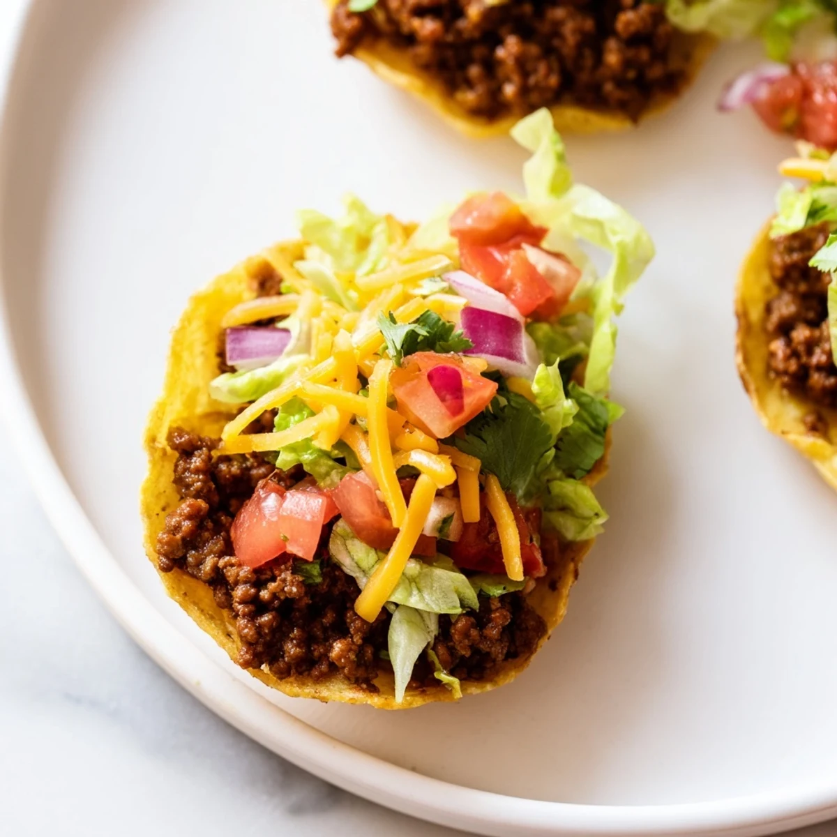 Freshly assembled Big Game Mini Tacos with salsa, shredded lettuce, and cheddar cheese on corn tortillas.