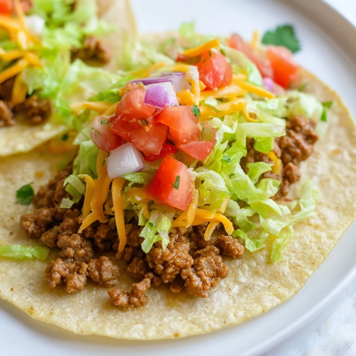 A close-up of seasoned beef and chunky salsa filling these Big Game Mini Tacos, served with lime wedges.