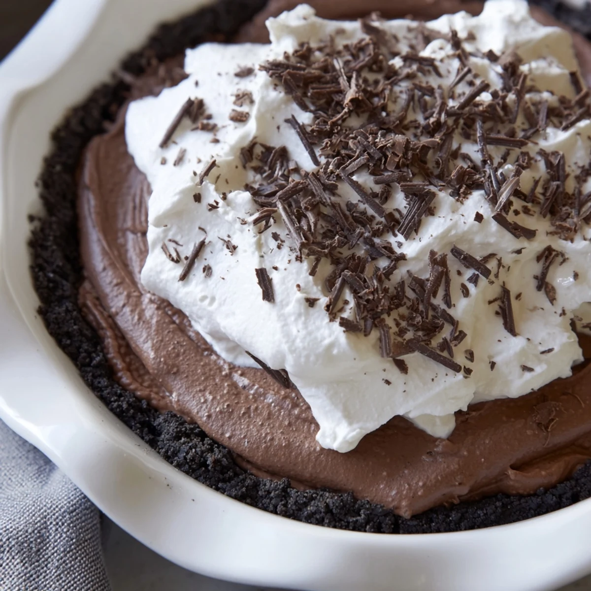 Fork slicing into a rich Romantic Chocolate Silk Pie, showing smooth chocolate ganache layers inside a crunchy Oreo crust.