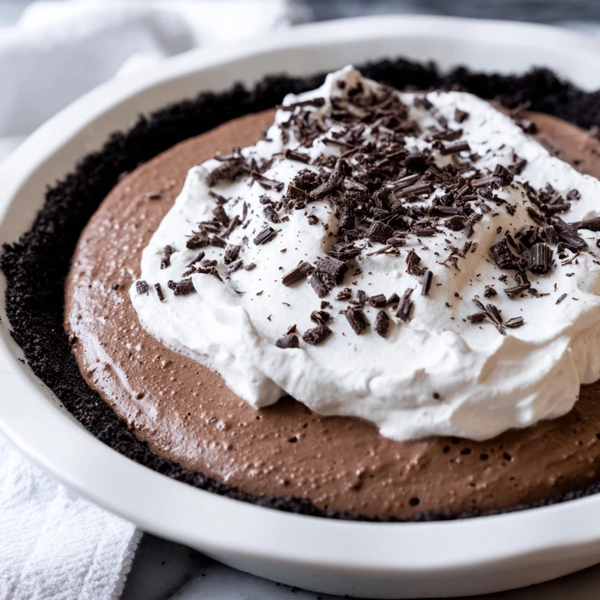 Close-up of Romantic Chocolate Silk Pie garnished with chocolate curls and a dollop of fresh whipped cream on top.