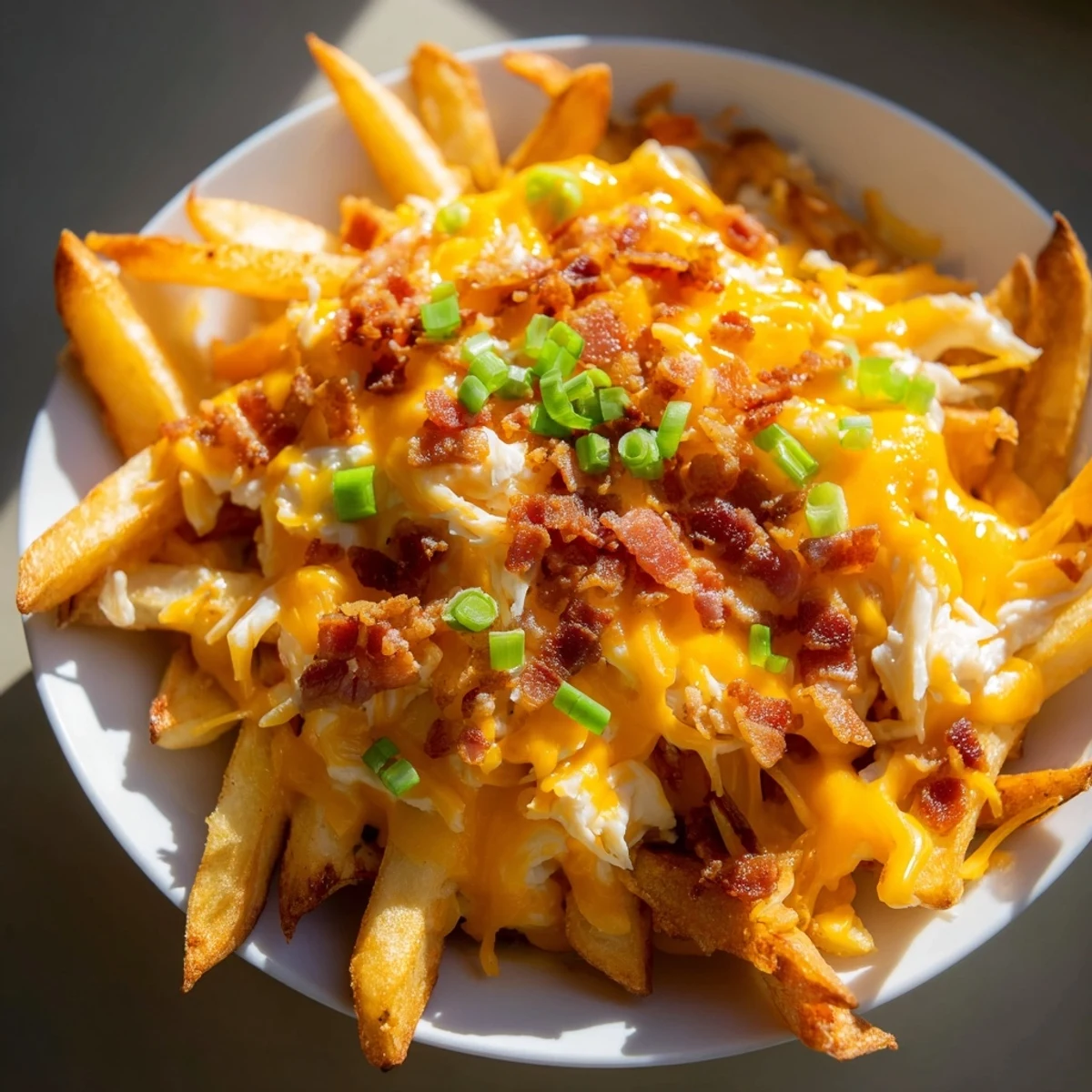 Golden-brown baked russet fries loaded with melted cheddar, Monterey Jack, and crumbled turkey bacon for Super Bowl snacking.