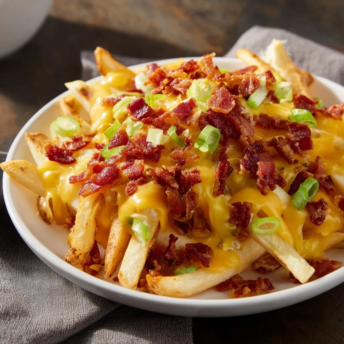 Freshly baked Super Bowl Cheese Fries served hot with melted cheese, turkey bacon crumbles, and sour cream on the side.
