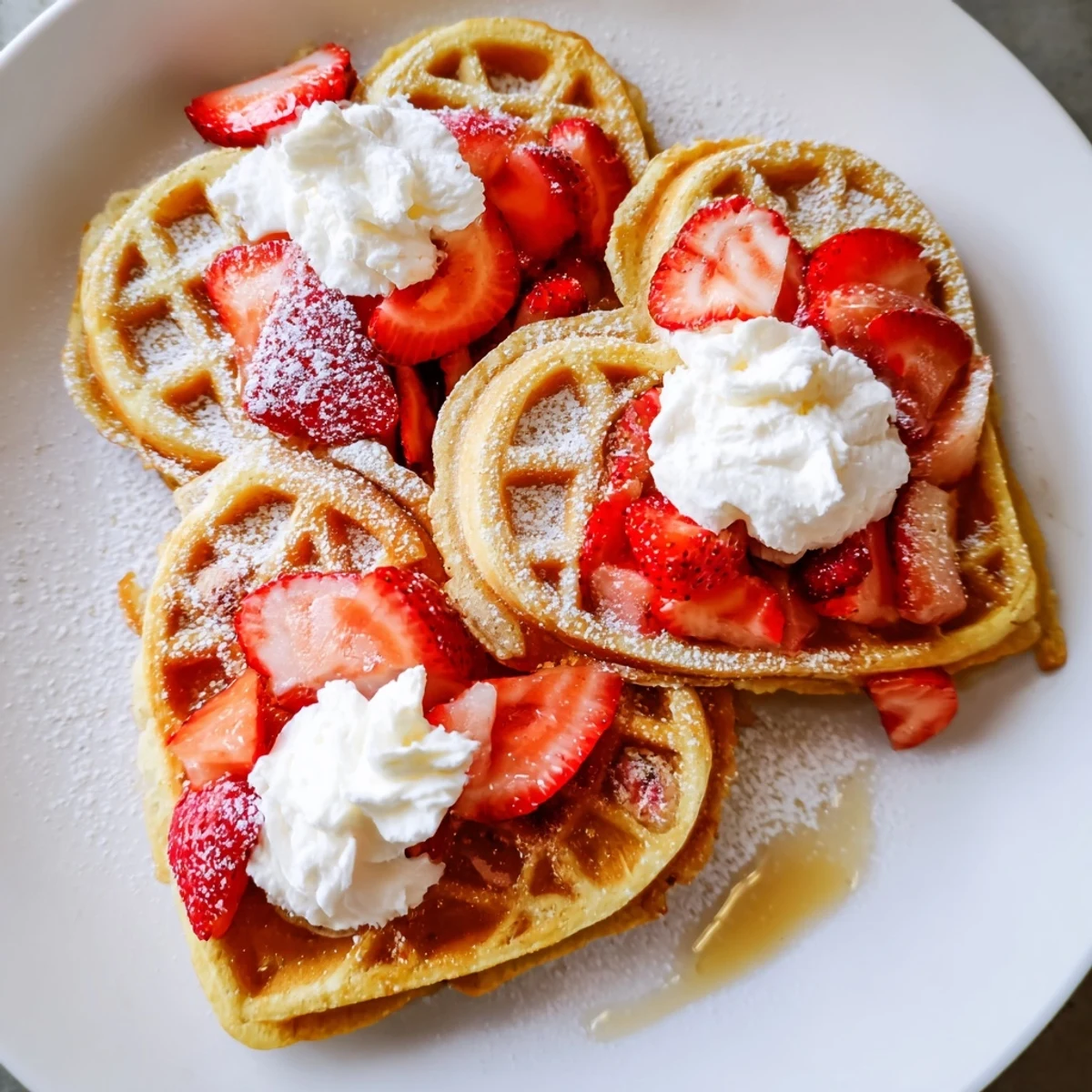 Stack of Sweetheart Heart Shaped Waffles topped with fluffy whipped cream and powdered sugar on a white plate for a romantic breakfast.