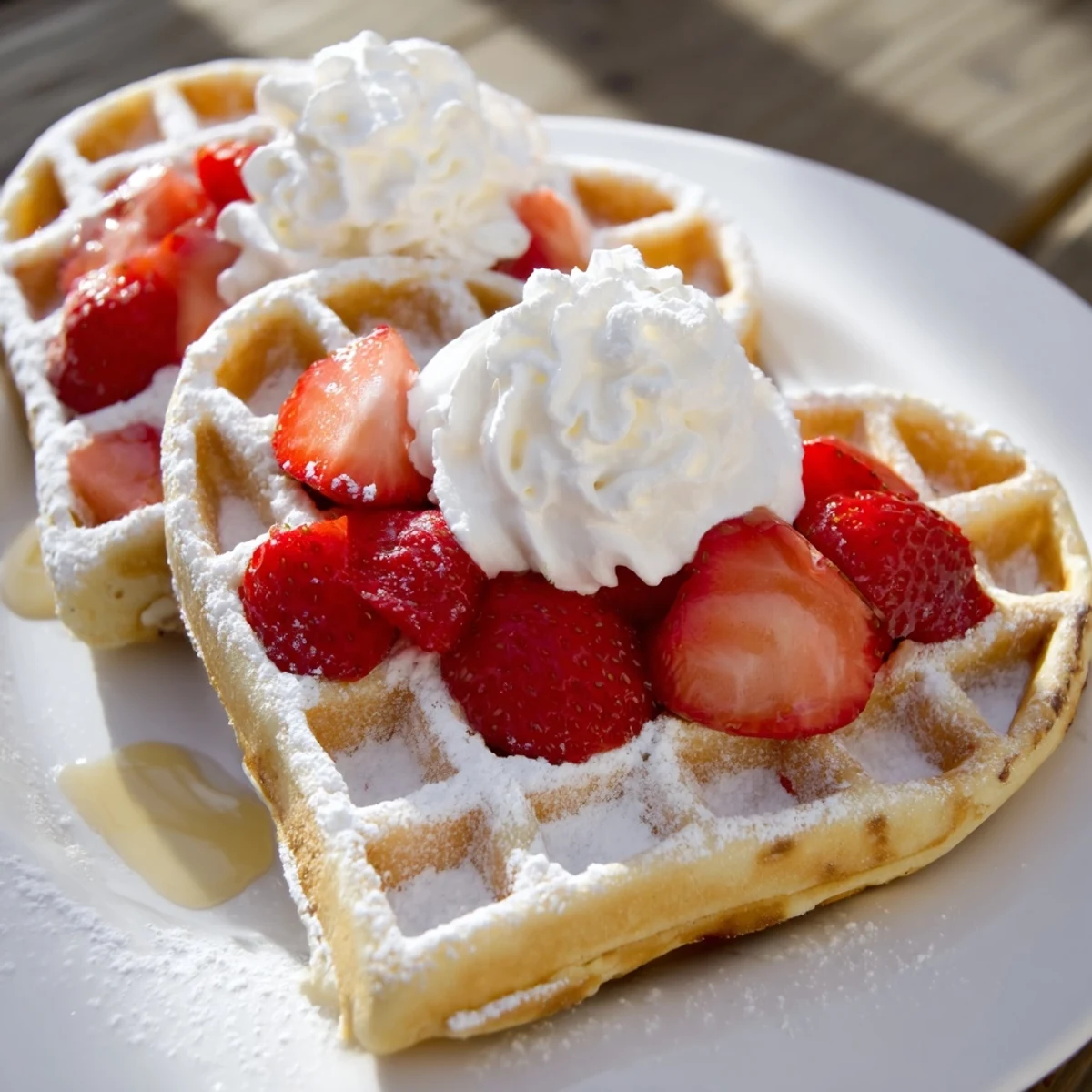 Freshly cooked Sweetheart Heart Shaped Waffles, golden brown and crisp, served warm with maple syrup drizzle and sliced strawberries.