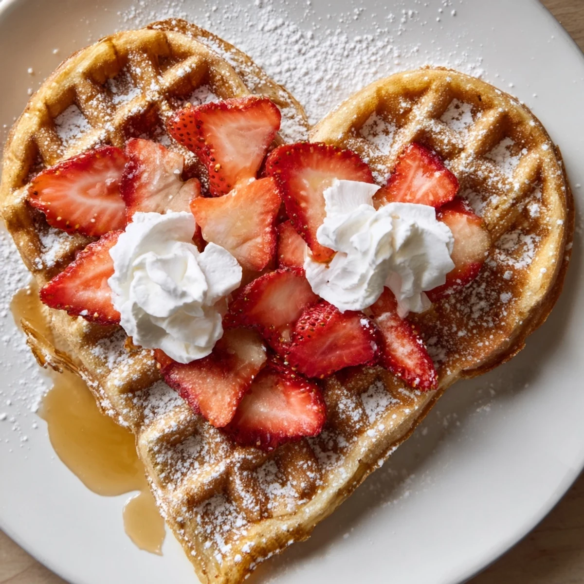 Close-up of Sweetheart Heart Shaped Waffles revealing a fluffy vanilla-scented interior, perfect for festive occasions or a sweet dessert.