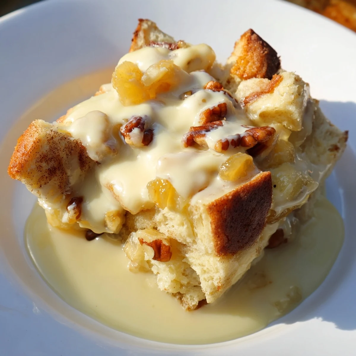 Freshly baked New Orleans Bread Pudding in a ceramic dish, topped with pecans and a warm vanilla sauce drizzle. 