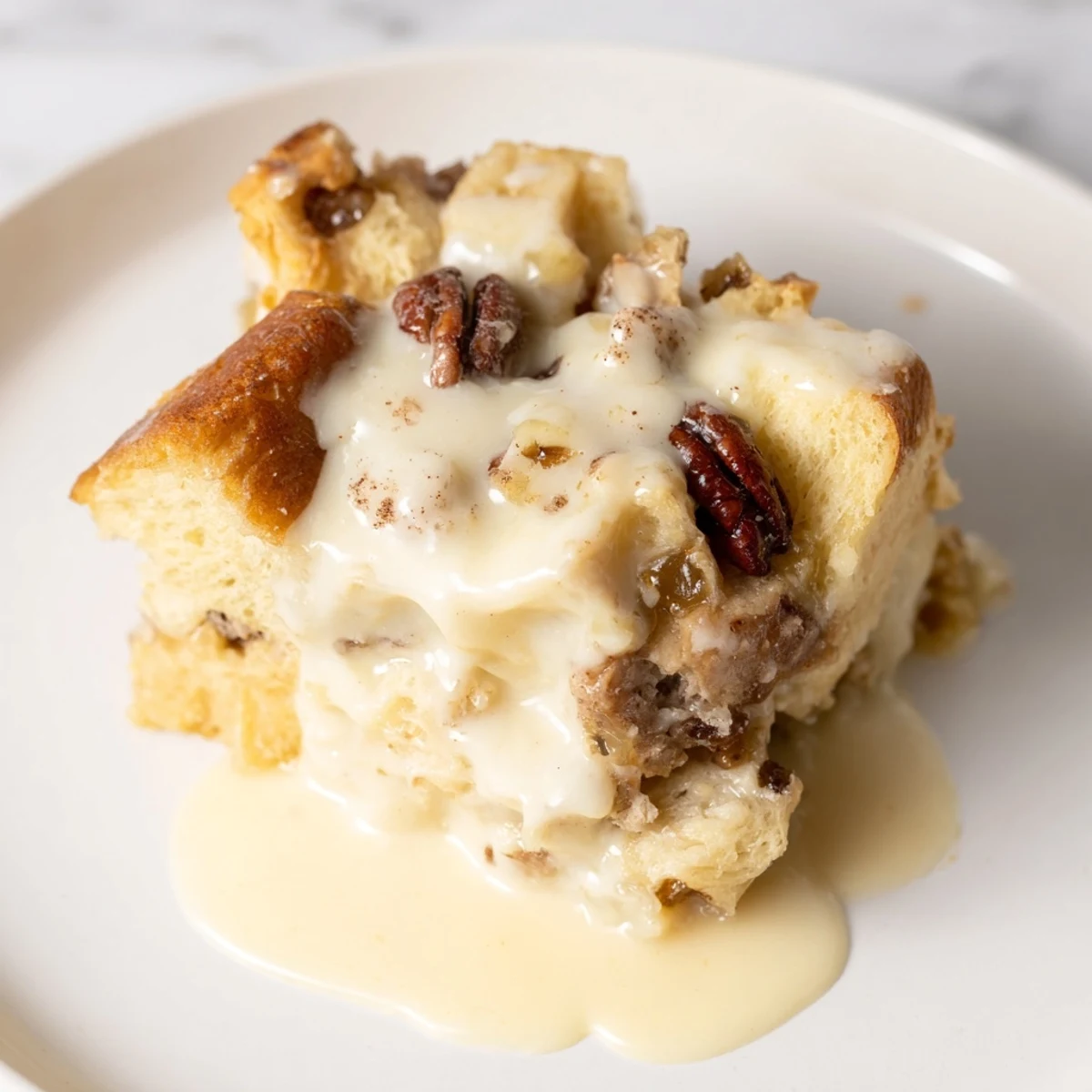 New Orleans Bread Pudding served in a white bowl with a generous pour of creamy vanilla sauce and toasted pecans. 