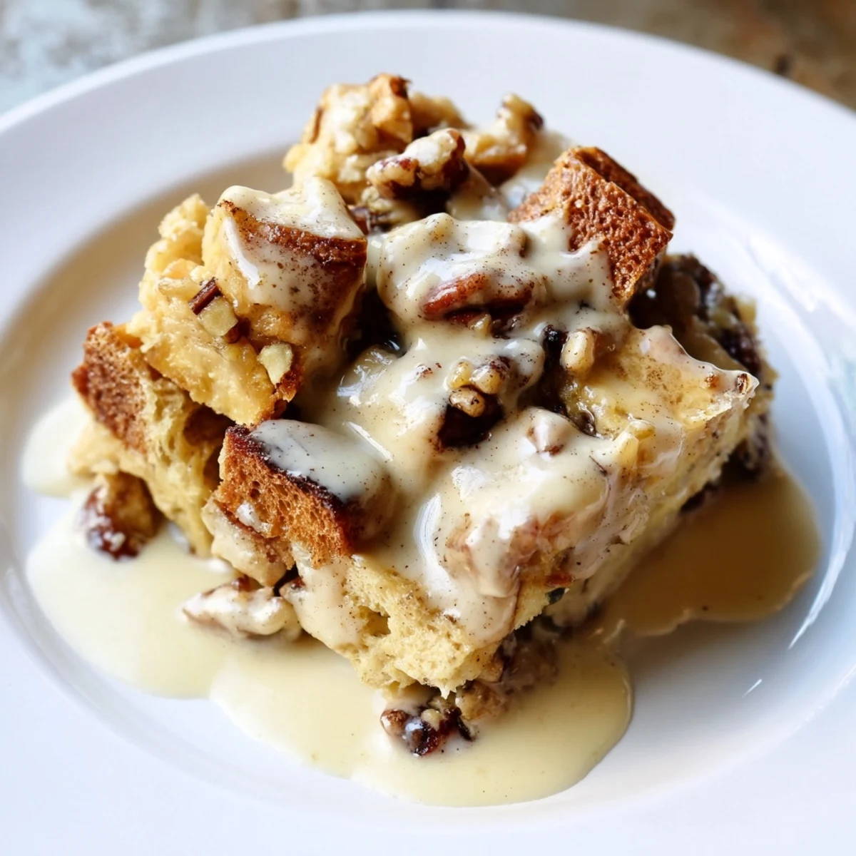 Golden-brown New Orleans Bread Pudding slice showing raisins and pecans, accompanied by a side of homemade vanilla sauce.