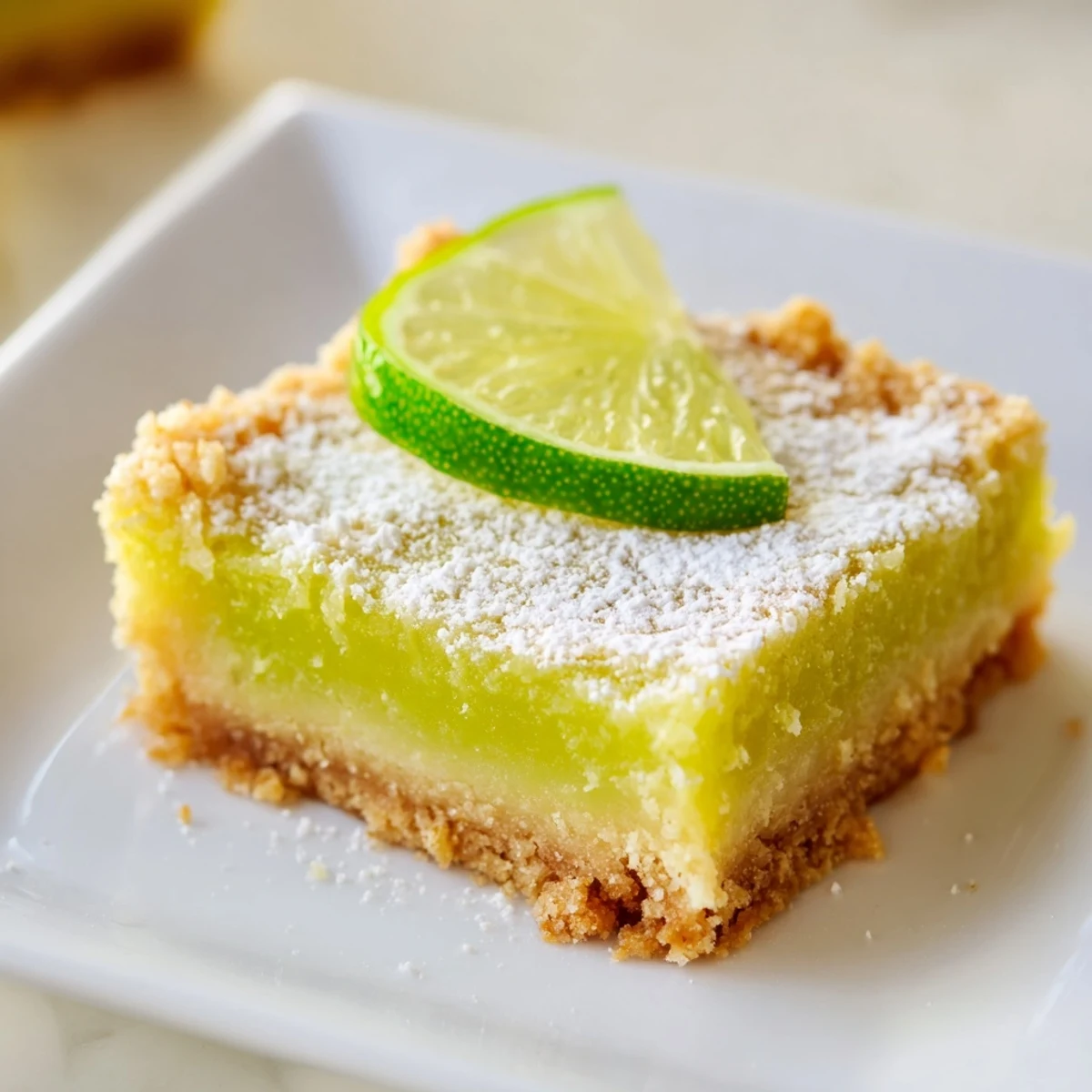 Vibrant green St. Patricks Day Lime Bars cut into squares, garnished with fresh lime zest and slices.