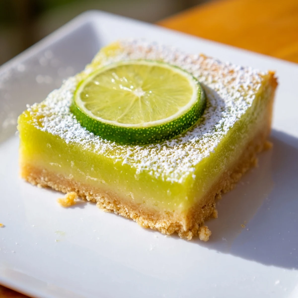 Close-up of a St. Patricks Day Lime Bar with a buttery graham crust and tangy lime filling.