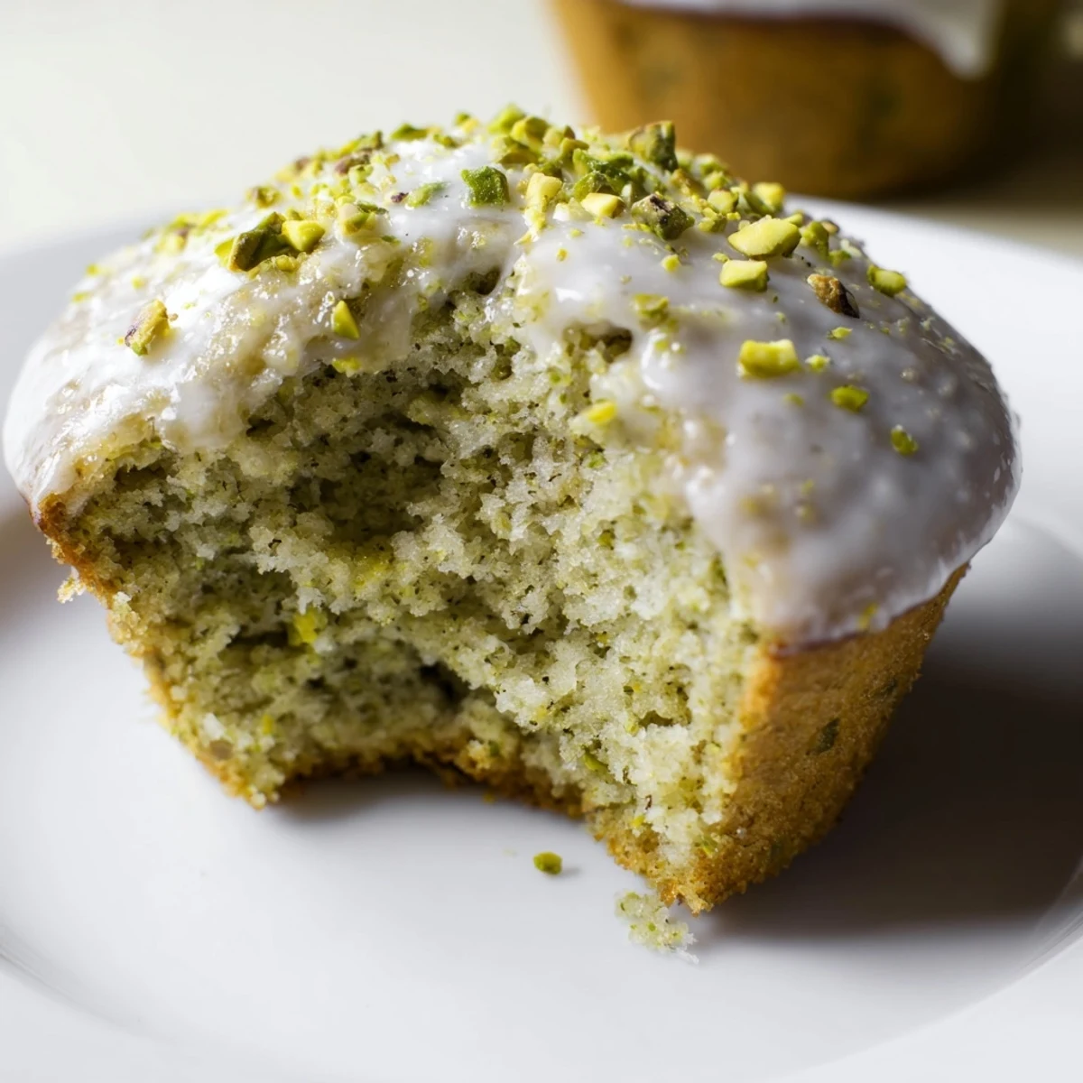 Freshly baked Green Pistachio Muffins with a glossy vanilla glaze and chopped nuts on top, resting on a cooling rack.