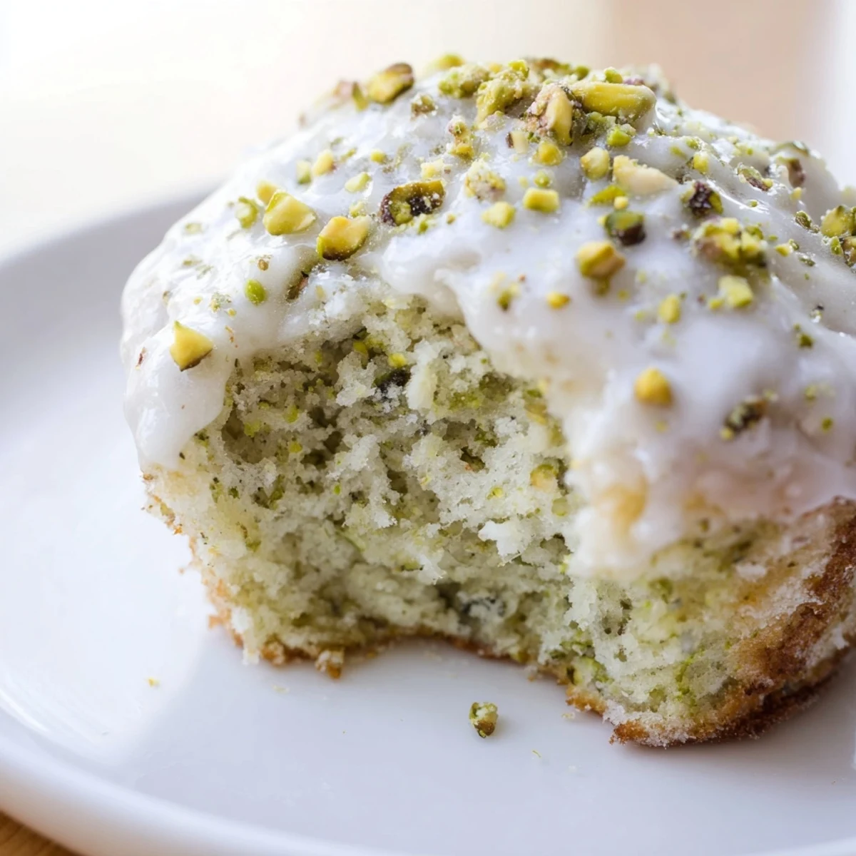 A batch of moist Green Pistachio Muffins with a sweet white glaze, perfect for a morning coffee break or afternoon snack.