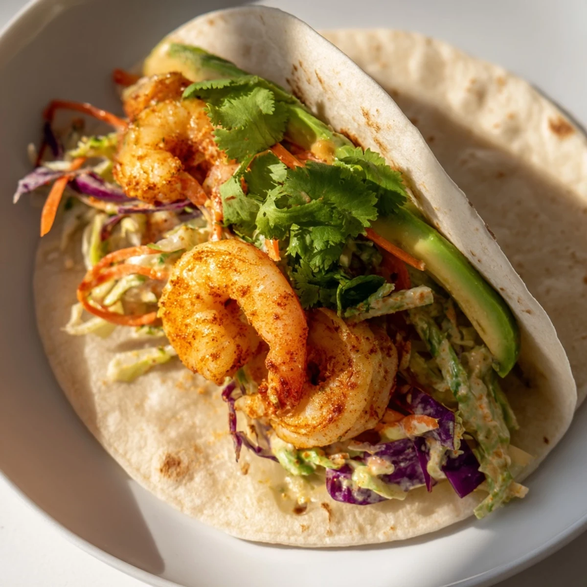 Overhead view of Cajun Shrimp Tacos with Slaw, showing pink seasoned shrimp and creamy slaw nestled in soft corn tortillas.