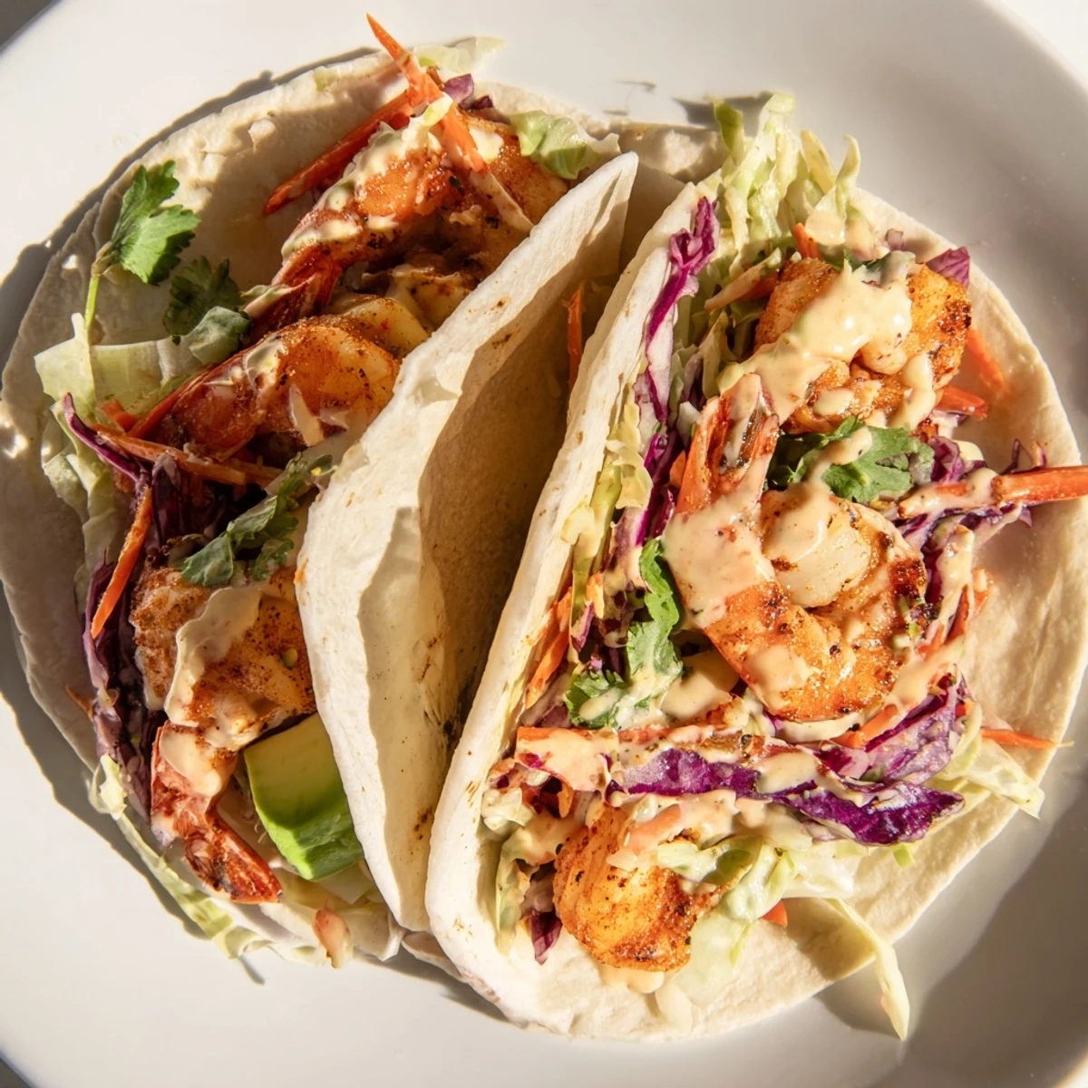 Stunning Cajun Shrimp Tacos with Slaw garnished with fresh cilantro, ready to serve on a rustic wooden table.