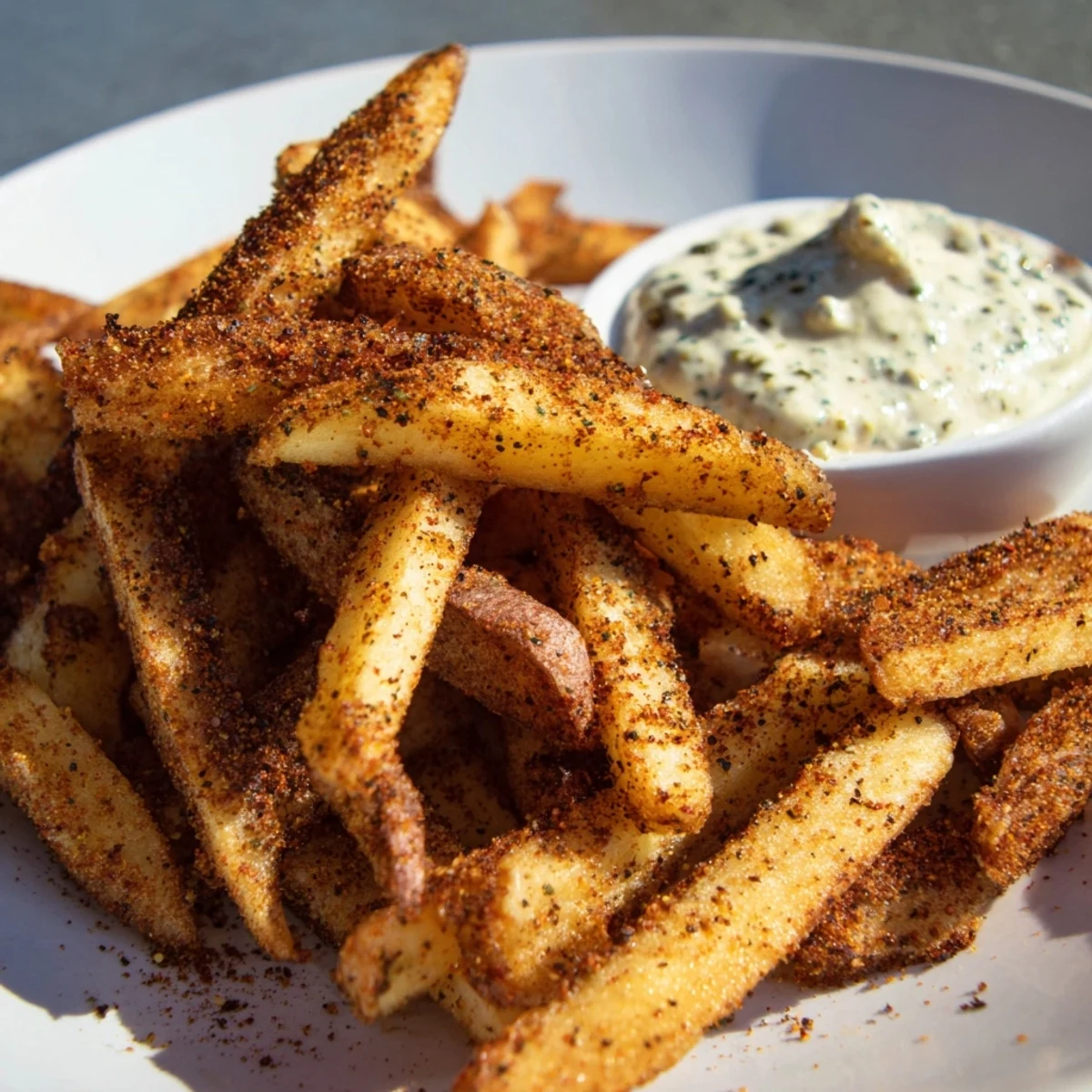 A close-up view of seasoned Cajun Spiced Fries with a creamy remoulade dip and fresh parsley garnish.  