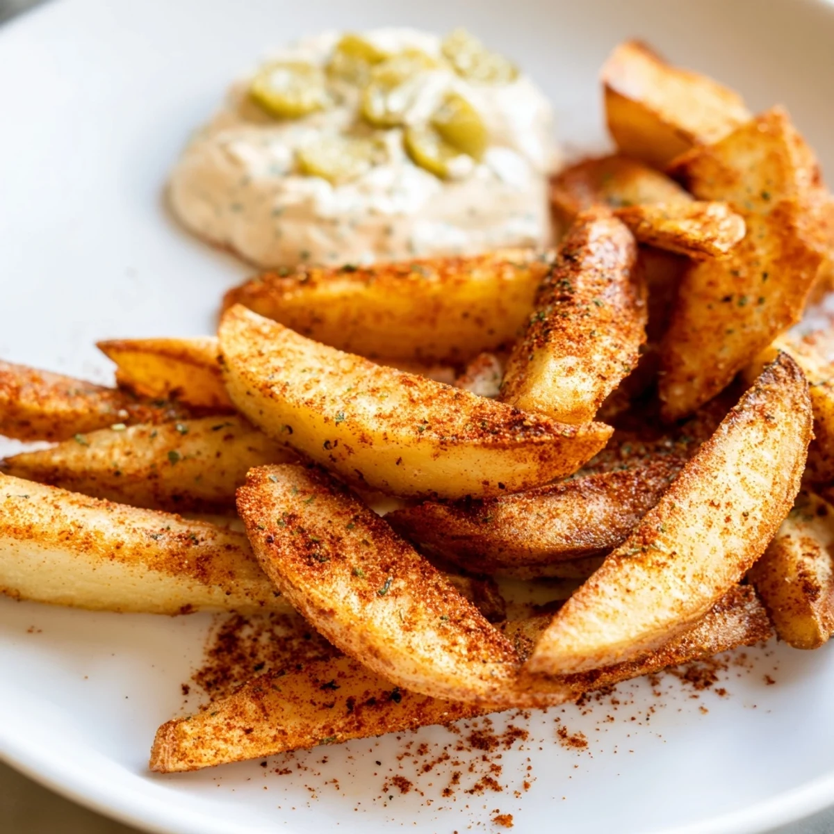 Golden, crispy Cajun Spiced Fries with Remoulade Dip piled high on a rustic plate, ready to be enjoyed.  