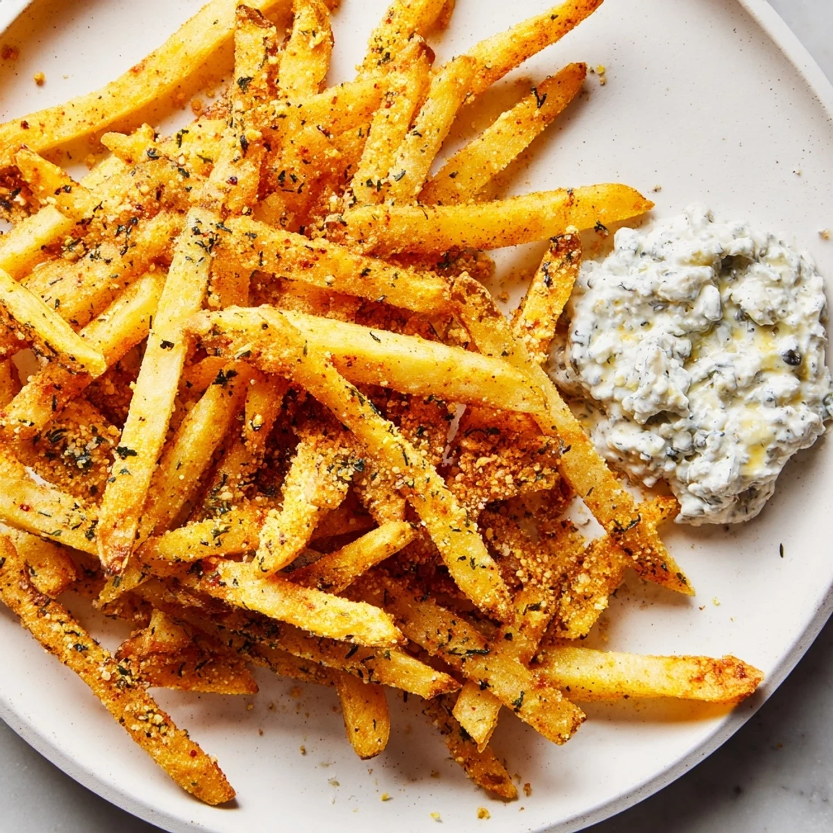 Freshly baked Cajun Spiced Fries with Remoulade Dip served alongside a juicy burger for a satisfying meal.