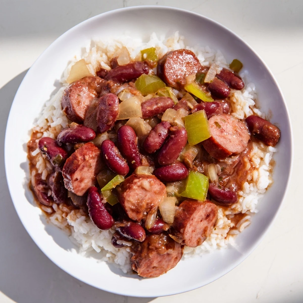 A close-up of Red Beans and Rice with Beef Sausage, showcasing creamy beans and smoky sausage slices over fluffy white rice, garnished with fresh green onions.