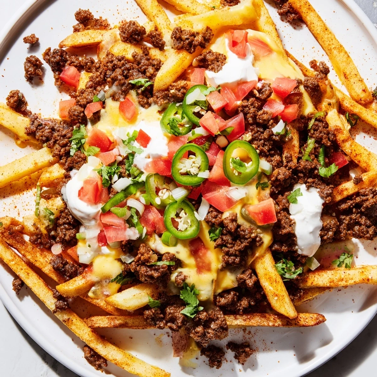 Golden crispy fries loaded with spiced ground beef, creamy cheddar queso, fresh jalapeños, and tomatoes for a Tex-Mex party platter.