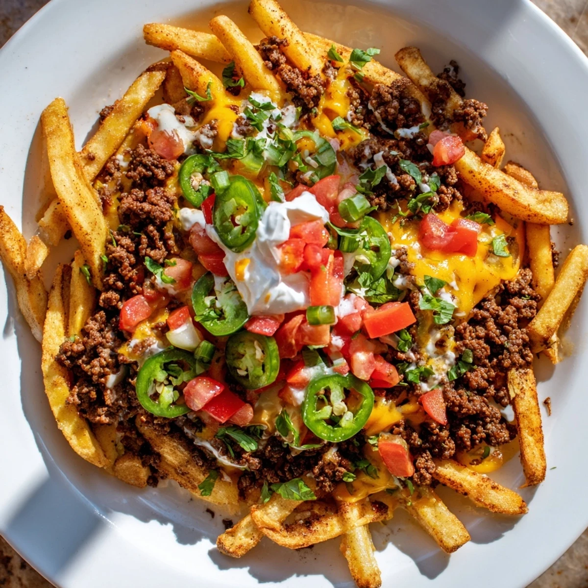 Loaded Nacho Fries with Queso and Beef layered with seasoned ground beef, melty cheese sauce, and fresh toppings on a serving tray.