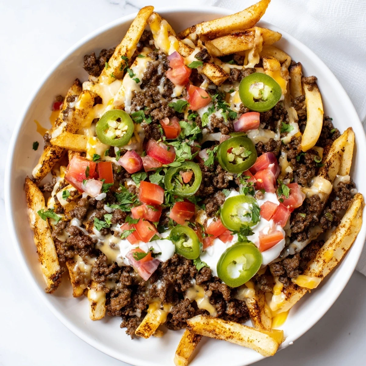 A close-up of Loaded Nacho Fries with Queso and Beef, drizzled with sour cream and cilantro, ready to serve for game day.