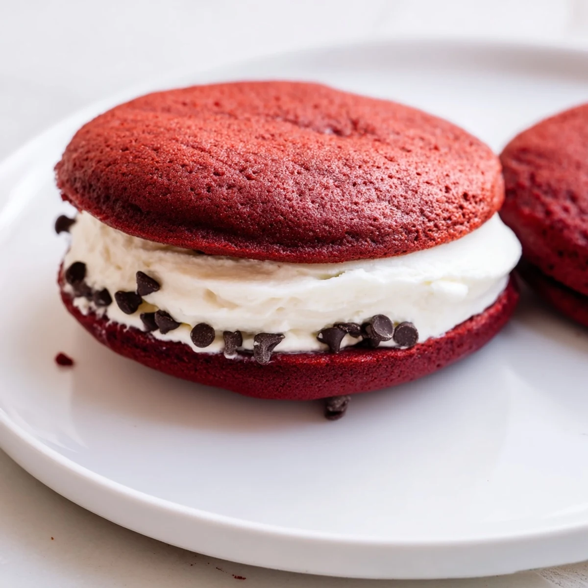 A classic Red Velvet Whoopie Pie with creamy filling on a rustic table.