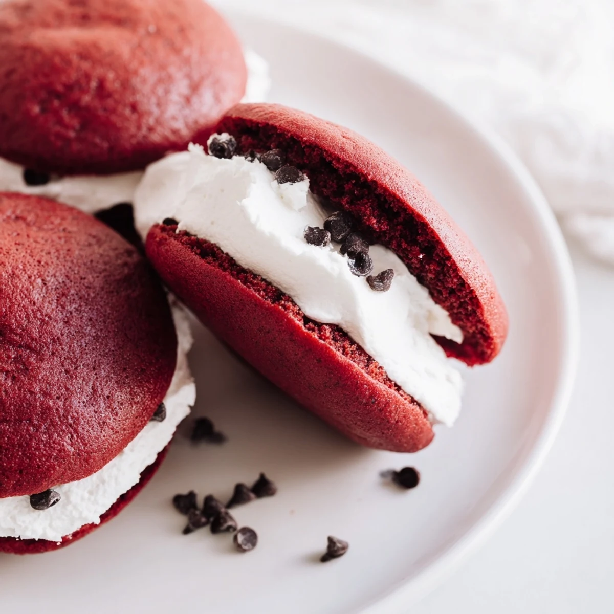 Two soft red velvet cakes are sandwiched around a fluffy white marshmallow filling.