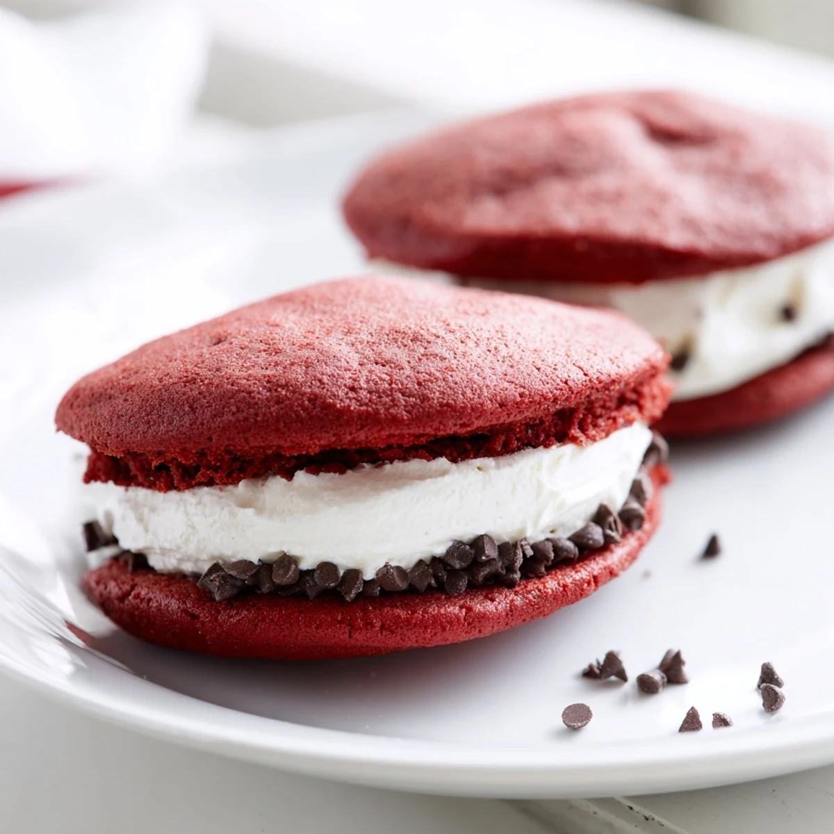 Stack of Red Velvet Whoopie Pies with marshmallow cream, perfect for parties.