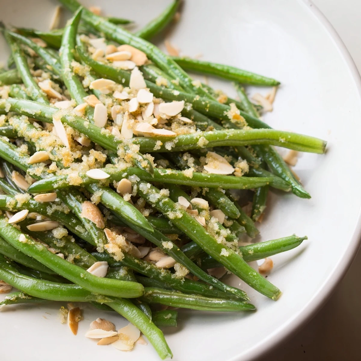 Freshly boiled green beans with lemon and toasted almonds glisten in a white serving bowl, ready to eat.