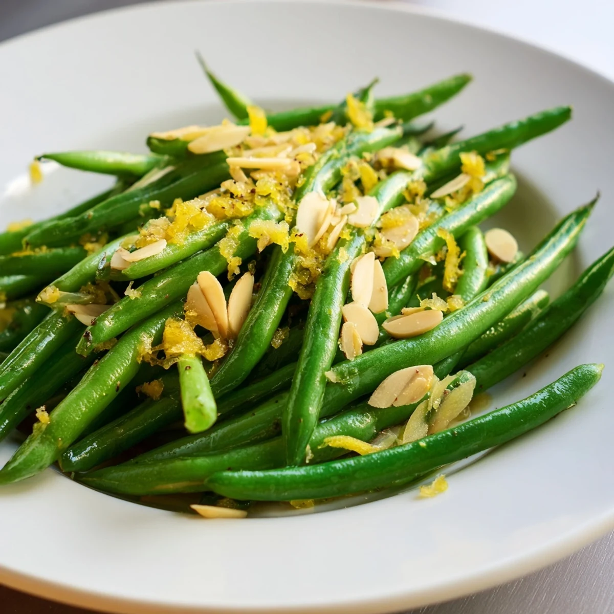 A rustic skillet of green beans with lemon and toasted almonds sautéed with garlic and butter.