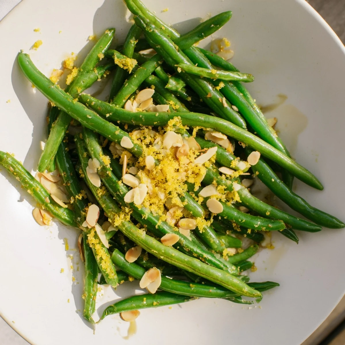 Bright green beans with lemon and toasted almonds plated beside roasted chicken for an easy dinner.