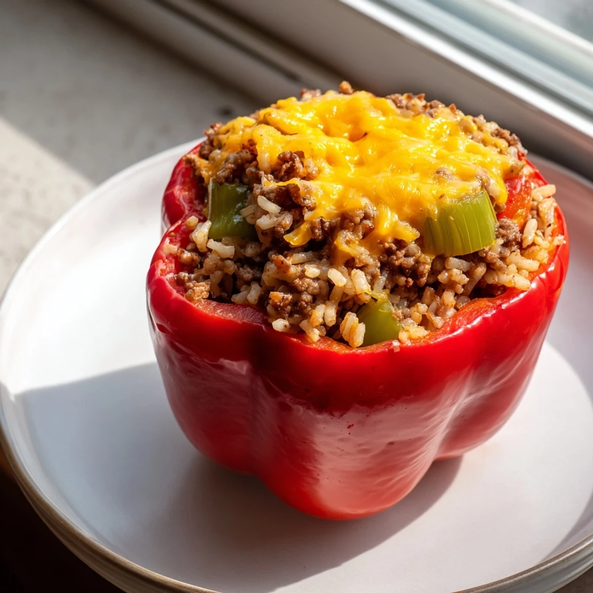 Four colorful bell peppers stuffed with seasoned beef and rice sit in a ceramic baking dish.