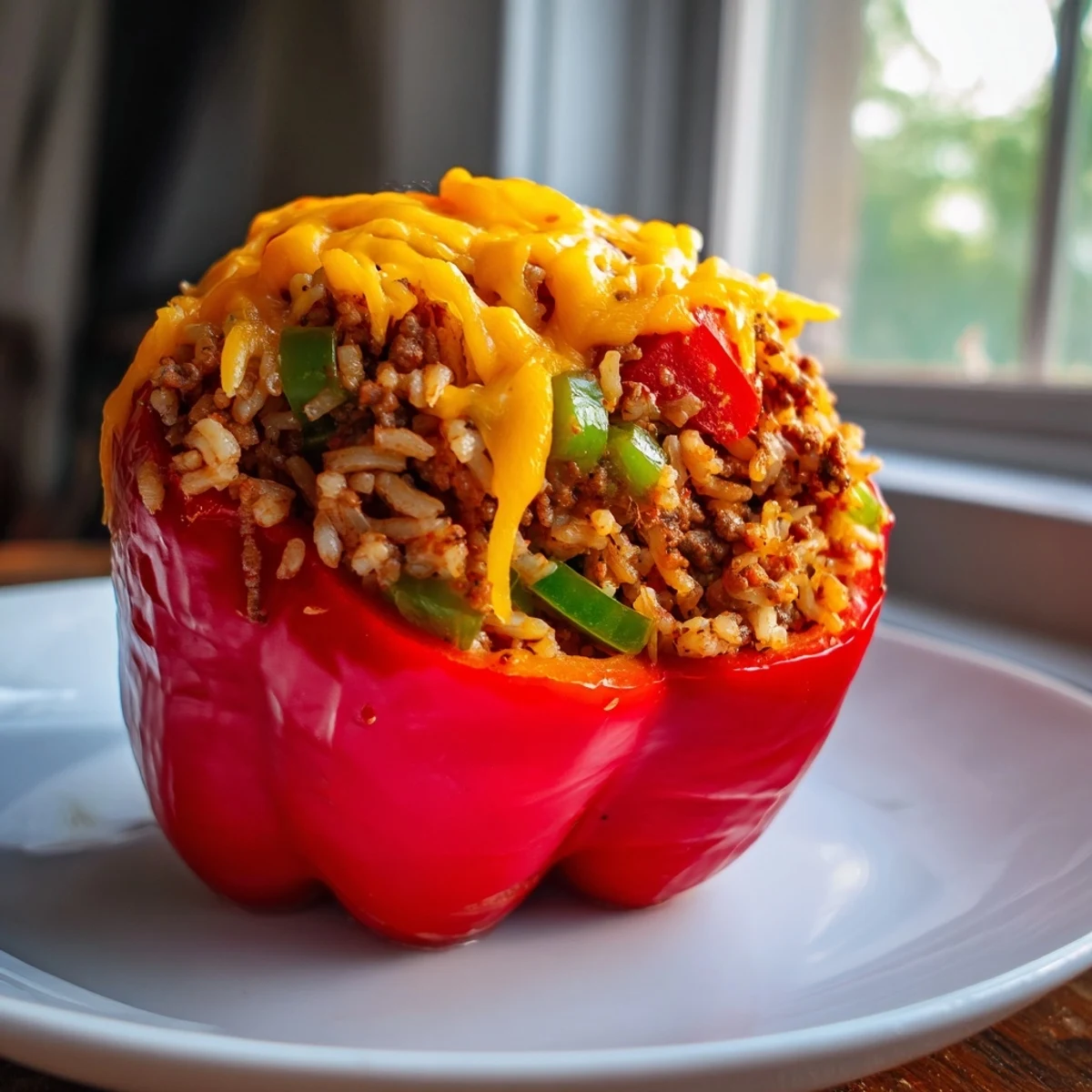 Golden-brown Creole Stuffed Peppers with Rice and Beef are topped with melted cheese and fresh herbs.