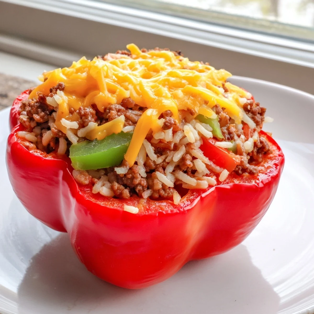 Savory Creole Stuffed Peppers with Rice and Beef served alongside a crisp green salad for dinner.